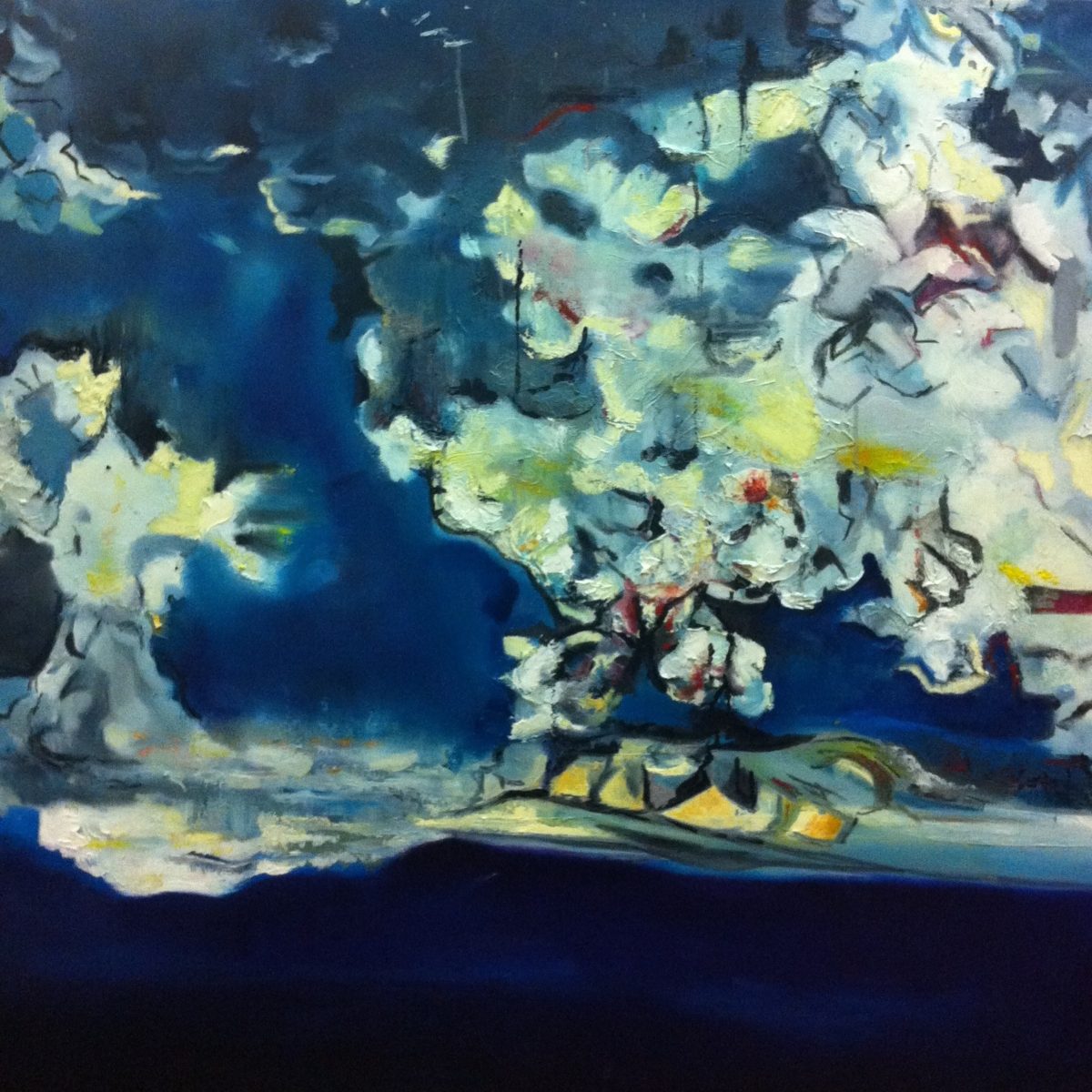 Image of clouds painted by artist Helen McNulty as a visual meditation of the poem Clouds by Wislawa Szymborska
