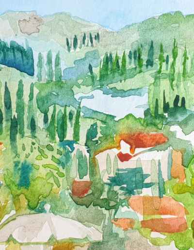 The Hills Above Agios Giordos, Watercolour on Paper, 14 x 9 cm, 2022