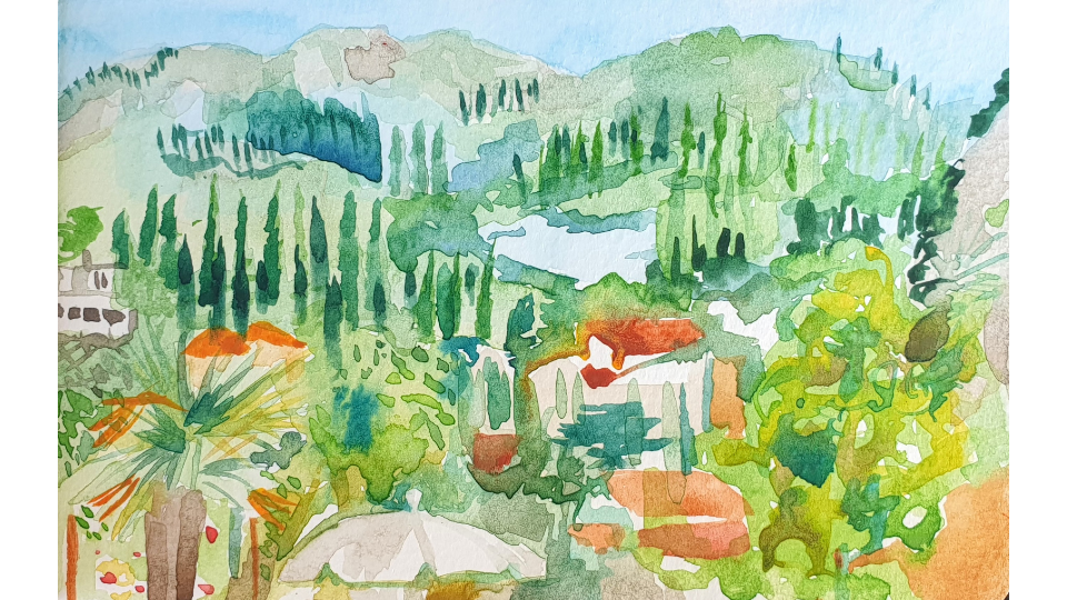 The Hills Above Agios Giordos, Watercolour on Paper, 14 x 9 cm, 2022